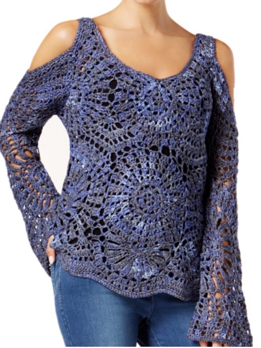 INC International Concepts Women's Open-Knit Cold-Shoulder Sweater deep twilight